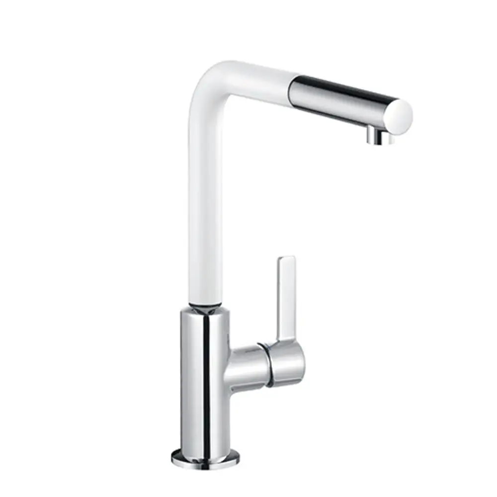 Küchenarmatur von Kludi mit einem Kran in glänzendem Chrom und einem weißen, gebogenen Auslauf. Seitliche Steuerung für die Wasserregulation.